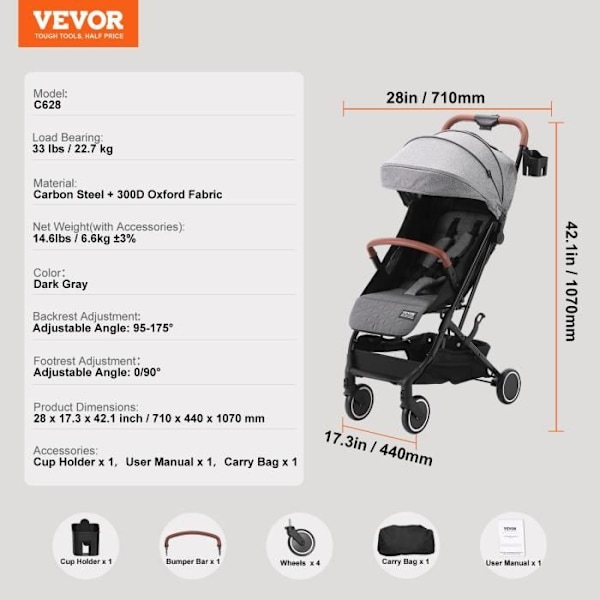 Barnvagn - VEVOR - Justerbar nyfödd barnvagn med ett klick mörkgrå 710 x 440 x 1070 mm