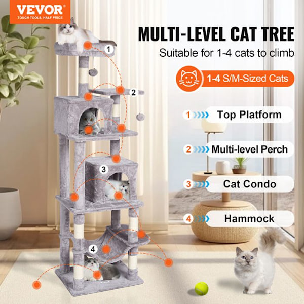Inomhuskattträd - VEVOR - med sisalskrapstolpe, hängmatta, toppabborre - Large Cat Activity Center