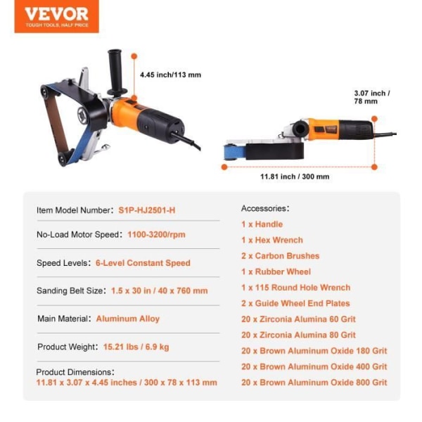 Rörpolerare - VEVOR - 300 x 78 x 113 mm, 1300W 6 variabla hastigheter 1100-3200 rpm, med 100 slipband på 40 x 760 mm