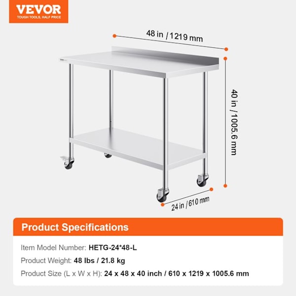 Arbetsbord i rostfritt stål-VEVOR-Förvaringsenhet för mat-121,9x61x100,6 cm-4 hjul, nivåhöjd-kök-silver