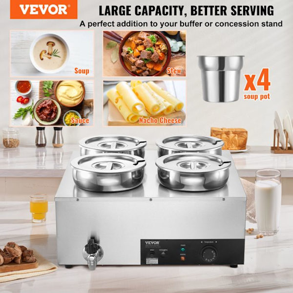 Soup Warmer 4 x 7 L-VEVOR-Elektrisk Soup Station 1500 W-Anti-Dry Burning and Reset Button, Bufférestaurang