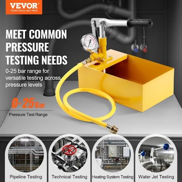 Trycktestpump - VEVOR - Hydrostatisk hydraulisk manuell enkelventil 25bar med 5 L vattentank 1 m slang