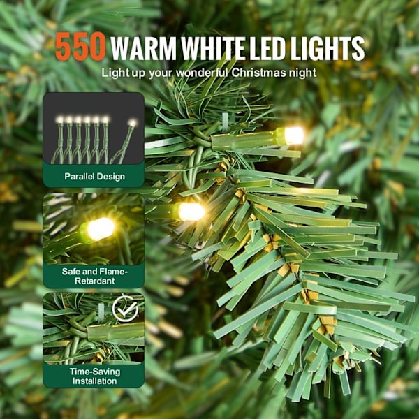 Julgran-VEVOR-2,28 m-Komplett julgran med 550 vita LED-lampor-1346 Grentips-Skrivbordsdekoration