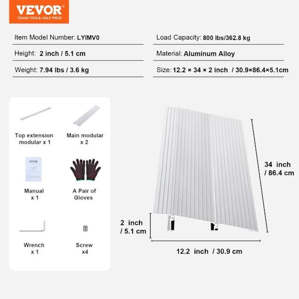 Tröskelramp - VEVOR - 12 x 34 x 2 tum aluminiumlastkapacitet 800 lbs för rullstolsskoter