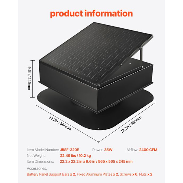 Soltakventilator - VEVOR - 35 W - med intelligent termostat - Luftflöde 2400 CFM
