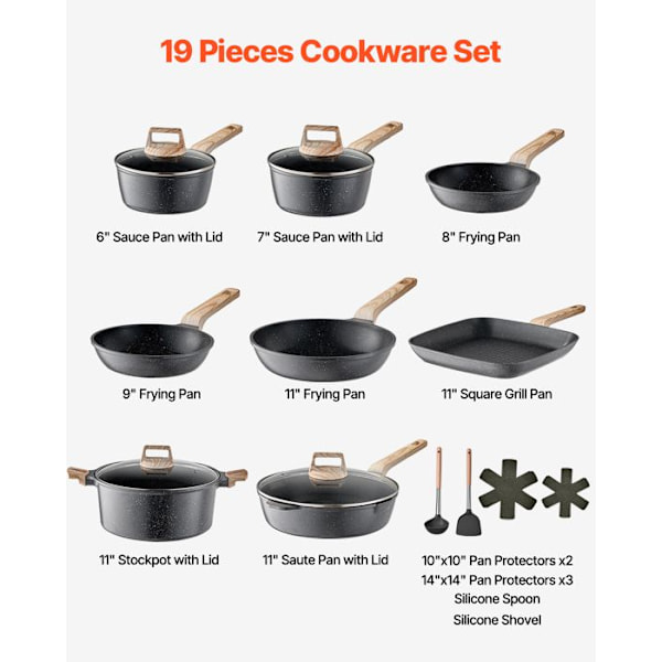 Köksredskap-VEVOR-19 delar-Grytor och Stekpannor för Induktion med Granit Non-stick Beläggning-Svart