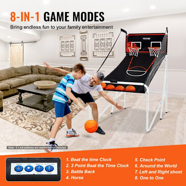 Basket-arkadspel-VEVOR-hopfällbar-2 spelare-4 bollar, 8 lägen-Electronic Edge-Barn, Vuxna-Svart, Vit