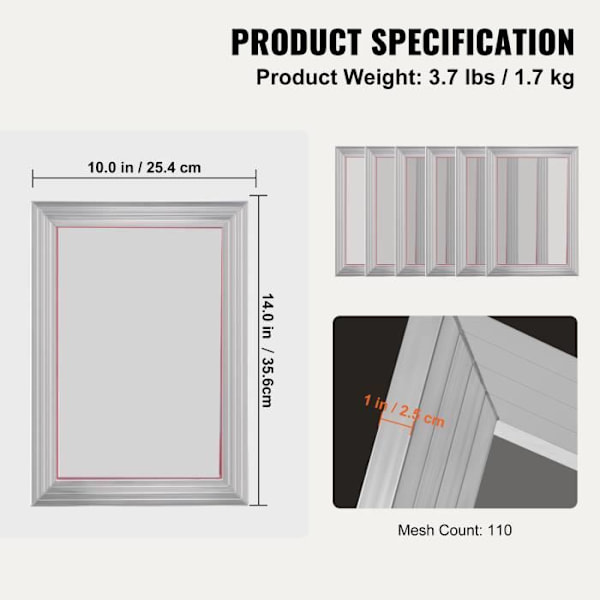 Set med 6 screentryckramar - VEVOR - Aluminium screentryckssats 25,4x35,6 cm Mesh 110