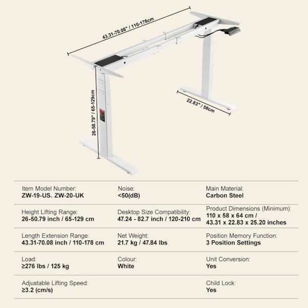 Stående skrivbordsram-VEVOR-Justerbar höjd 65-129cm-Längd 110-178cm-För hem, kontor, endast ram-Vit