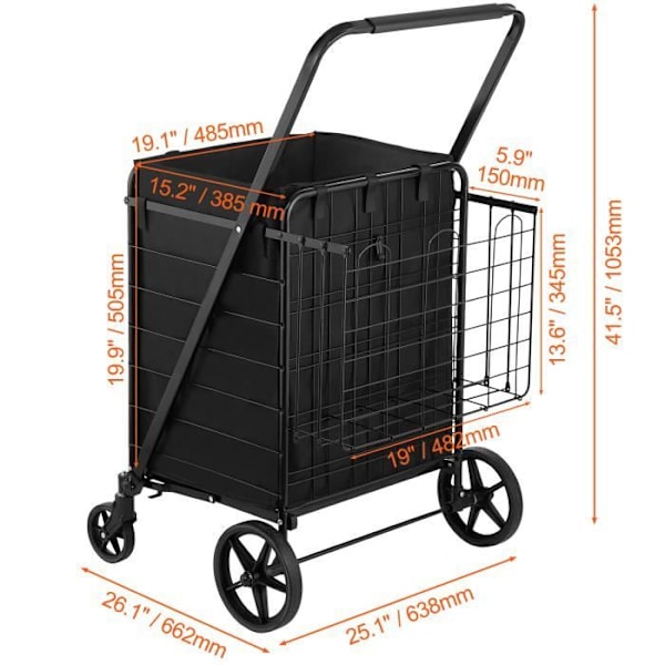 Fällbar marknadsvagn - VEVOR - 85L Supermarketvagn - Max belastning 150,5 kg 4 hjul