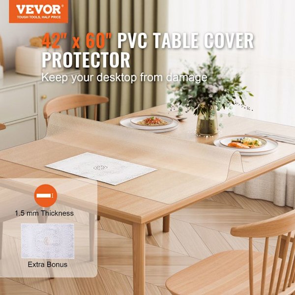 Frostad PVC-bordsduk-VEVOR-1067x1524 mm-Tjocklek 1,5 mm-Rektangulär-Vattentålig-Lätt att rengöra Transparent