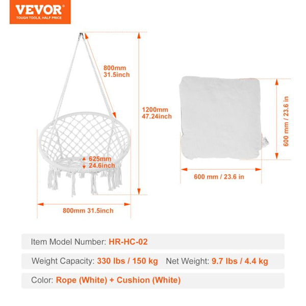 Hängfåtölj-VEVOR-Belastning 150 kg-Macramé Vridbar Hängstol, Dyna-för sovrum, Trädgård, Inomhus, Utomhus-Vit