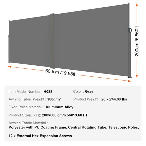Infällbar sidomarkis-VEVOR-200x600 cm-Vattentät utomhusskärm Sekretessskärm Polyestertyg-för trädgård, balkong-grå