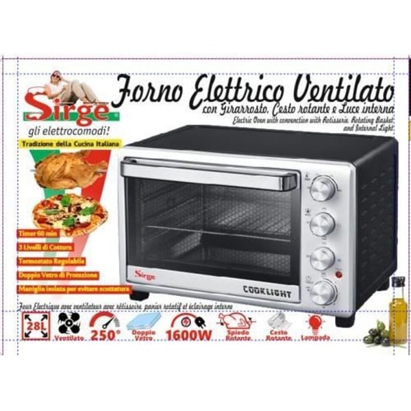Sirge FORNO28CL Sähköliesi sisävalaistuksella Ventilaatio Fornetto 28 Litran 1500 Wattin pyrotteri.