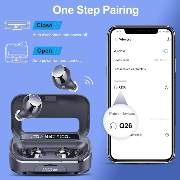 Q26 Bluetooth headset Digital Display In-Ear Trådlösa Hörlurar PowerBankfunktion Svart