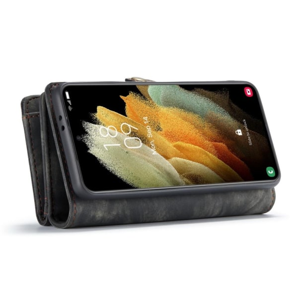 CASEME Samsung Galaxy S21 Retro läder plånboksfodral - Grå/Svart Svart