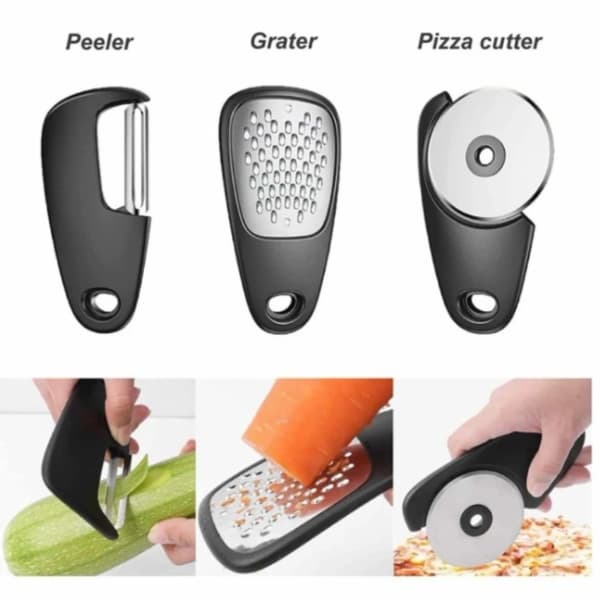 6-i-1 Pizzakutter, Boksåpner, Hvitløksmåler, Skreller osv. Black