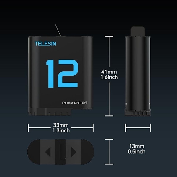 TELESIN S0-ECB-02-TGP akku GoPro Hero 12 11 10 9 1720 mAh vaihto Black