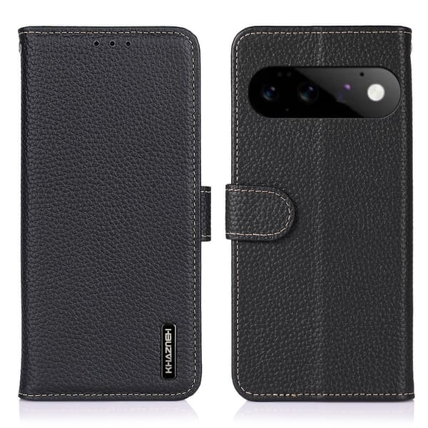 KHAZNEH Telefonlommebokdeksel i skinn med litchi tekstur til Google Pixel 11 og Pixel 11 Pro Black
