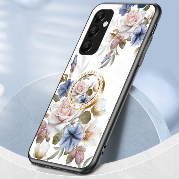 För Samsung Galaxy A35 härdat glas skal ring kickstand mobilskal - White Flower multifärg