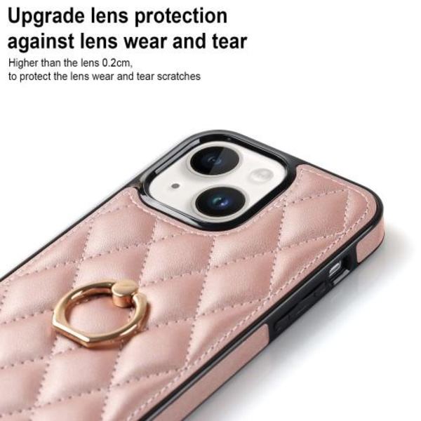 iPhone 14 Rhombus Grid Mönster Skal FingerRing - Rose Gold Rosa guld