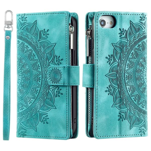 For iPhone 17e / 16e  Lommebok Deksel Shell Mandala Blomstermønster Green