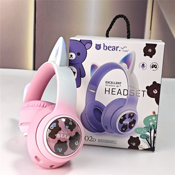 Trådlösa On-Ear hörlurar Glödande Kattöra Bluetooth Gaming Headset - Rosa Rosa