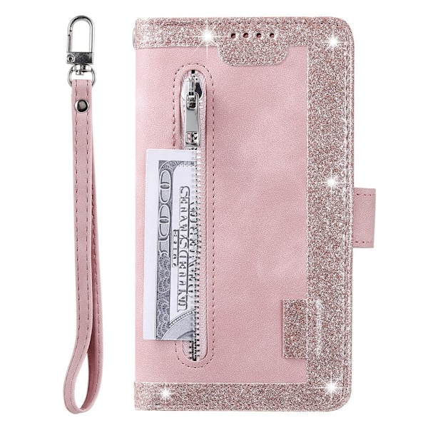 Til Google Pixel 9A Deksel med glidelås og 9 kortspor - RoseGold Pink gold