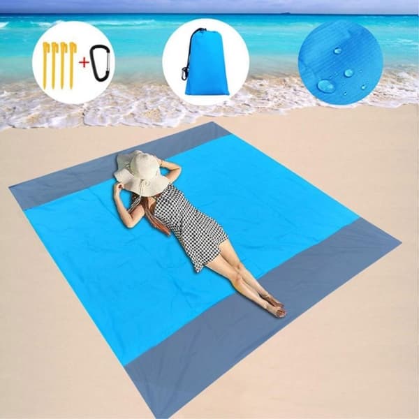Stort strandteppe 210x200cm sandtett vanntett lett utendørs teppe blå Blue