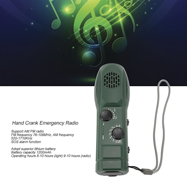 Handvev AM / FM Radio LED Ficklampa 1200mAh Emergency Power Bank Svart