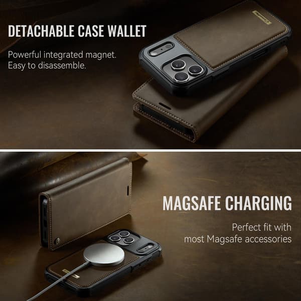 CASEME Til iPhone 17 Pro Max Lommebokdeksel Magnetisk Avtakbar RFID Beskyttelse - Coffee Brown