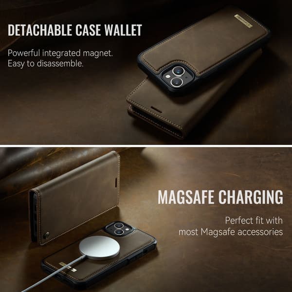 CASEME Til iPhone 15 Lommebokdeksel Magnetisk Avtakbar RFID Beskyttelse - Coffee Brown