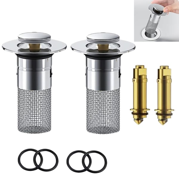 2 stk Pop Up Vaskestop 304 Rustfrit Stål Afløbsfilter Hårfanger Si til Brusevask Silver