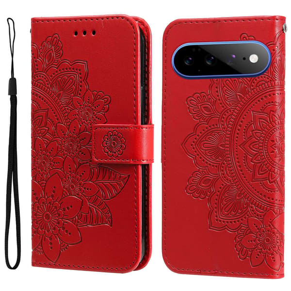 Blommönstrat Plånboksfodral med Stativ till Google Pixel 11 Pro XL Röd