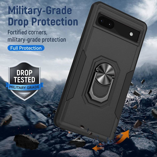 Google Pixel 6A iskunkestävä TPU+PC Kickstand -puhelinkotelo autoteline metallilevy - musta Black