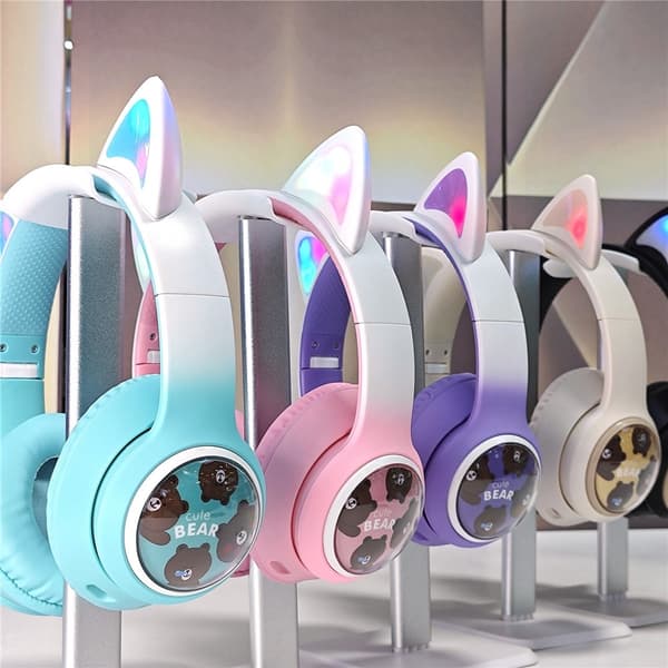Trådlösa On-Ear hörlurar Glödande Kattöra Bluetooth Gaming Headset - Rosa Rosa