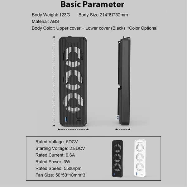 Kjølefan for PS5 ABS med 2-trinns vindvarmeavledning USB-fan kjøler Black