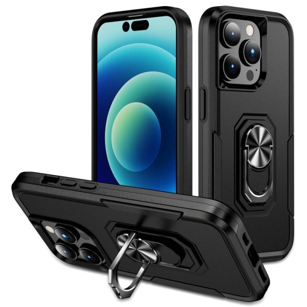 iPhone 14 Pro Max iskunkestävä TPU+PC Kickstand Puhelinkotelo Autoon kiinnitettävä metallilevy - musta Black