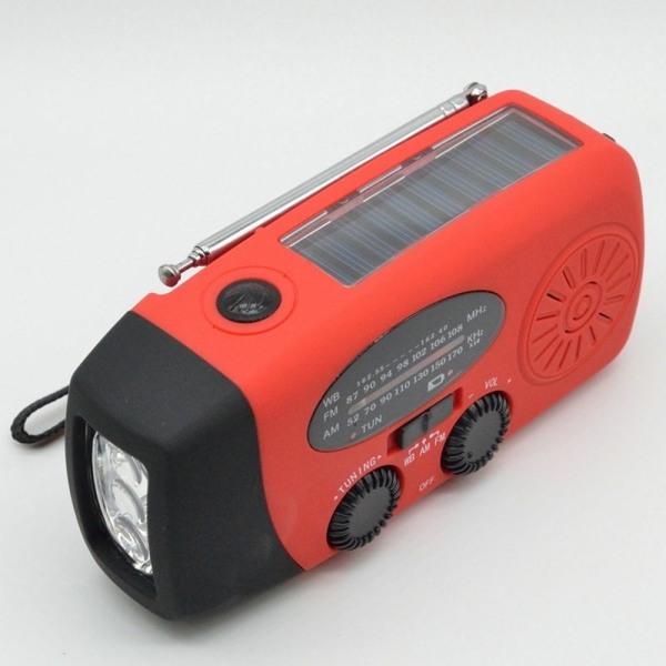 Håndsving Solar FM / AM Radio Lommelygte NOAA Power Bank Red