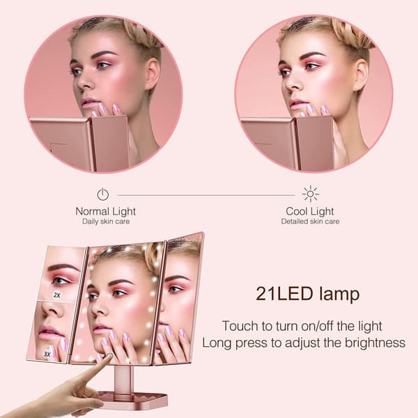 3 - sidet sammenfoldelig makeup spejl, der kan dæmpes lys 22LED bordspejl - Lyserød Pink