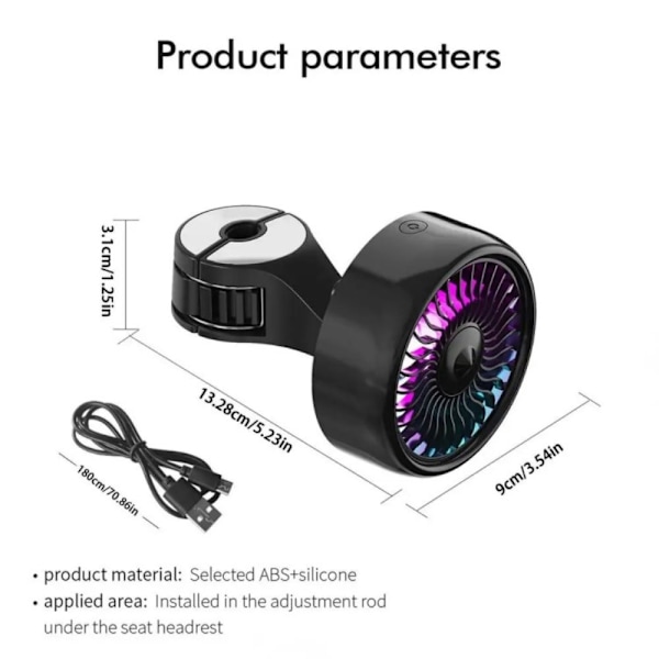 Bil bagsæde ventilator til passagerer 3 hastigheder + RGB lys Black
