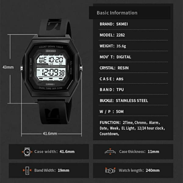 SKMEI Digital Elektronisk Armbåndsur Vandtæt Nedtælling - Sort Black