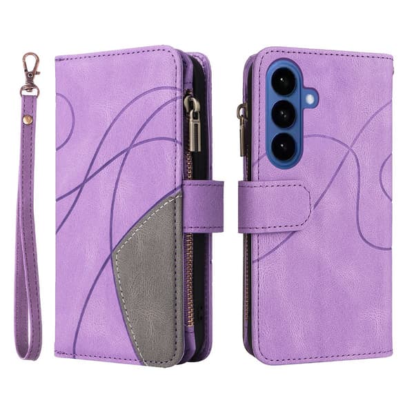 Til Samsung Galaxy S26 Pungcover med Lynlås og Håndledsrem Stander Purple