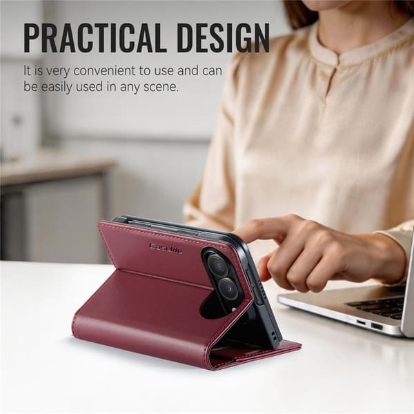 CASEME Glanset telefonlommebokdeksel med litchi tekstur til iPhone Duo Red