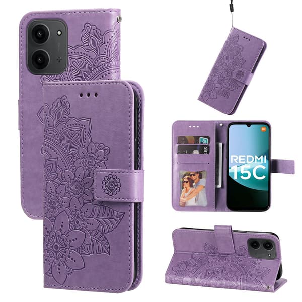 Til Xiaomi Redmi 15C Stand Cover Mandala Tegnebogsetui Purple