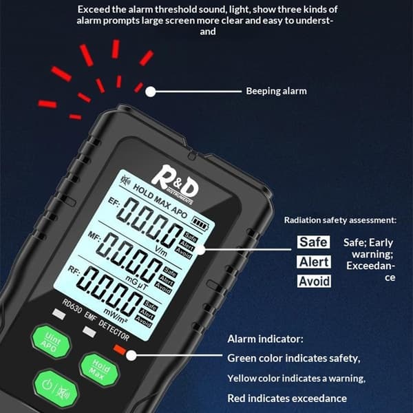 EMF-detektor 3-i-1 elektrisk magnetisk RF-strålingsmåler EF MF-frekvenstester Black