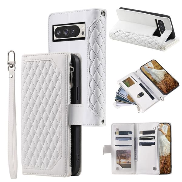 För Google Pixel 10 Pro XL Zipper Wallet Case Rhombus Telefonfodral Vit