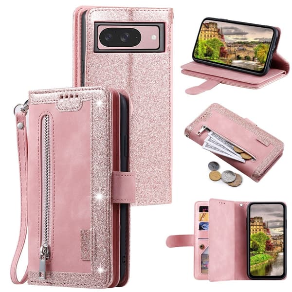 Telefonlommebokdeksel med håndleddsstropp til Google Pixel 11 Pink