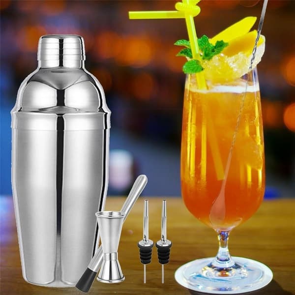 Cocktailset 7 delar shaker mått jigger muddler barsked hällpipar receptbok Silver