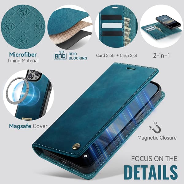 CASEME Til iPhone 15 Pro Lommebokdeksel Magnetisk Avtakbar RFID Beskyttelse Blue